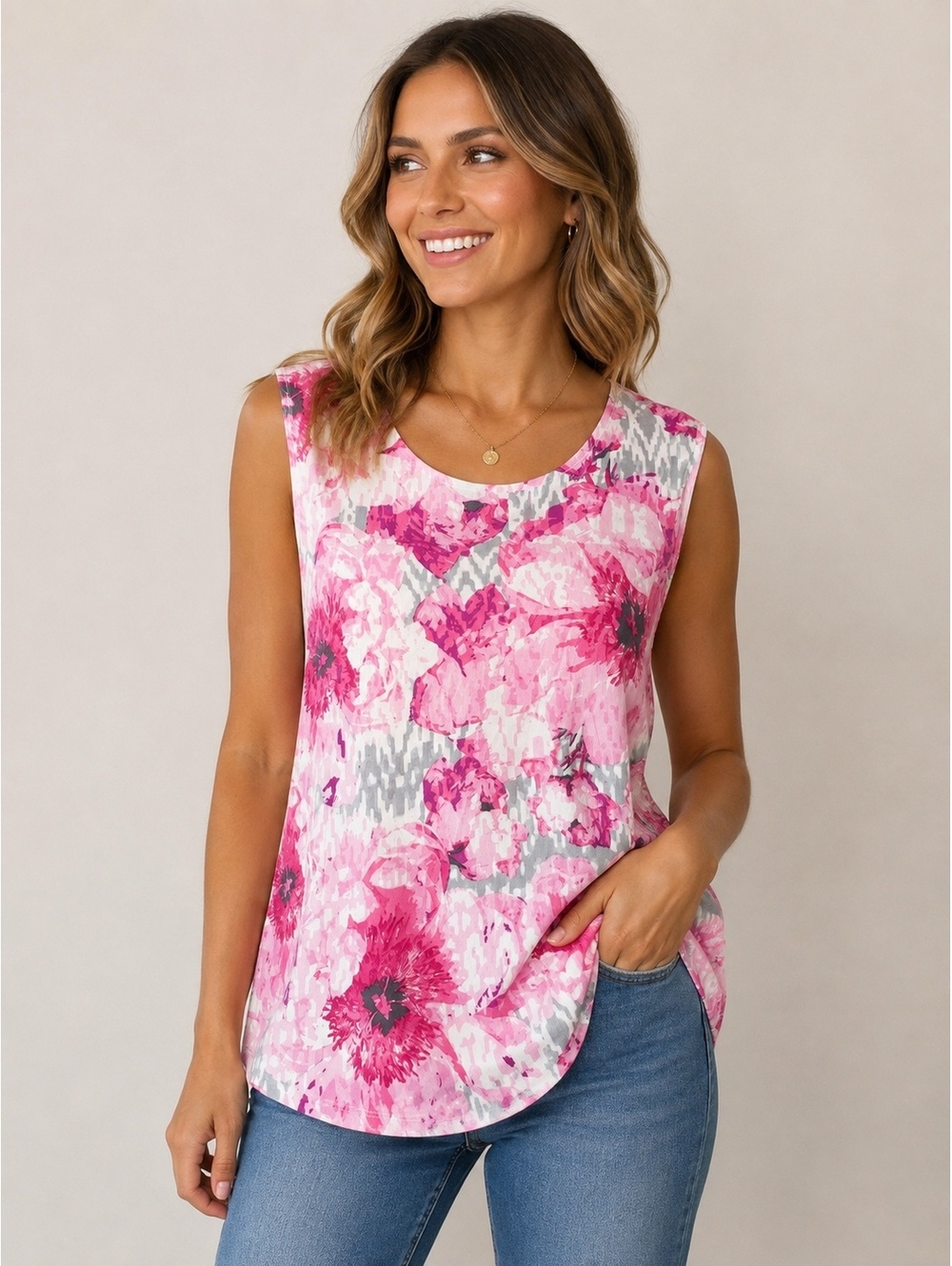 Allison Daley Women’s Large Pink Floral Blouse Stretchy Cottagecore Sleeveless